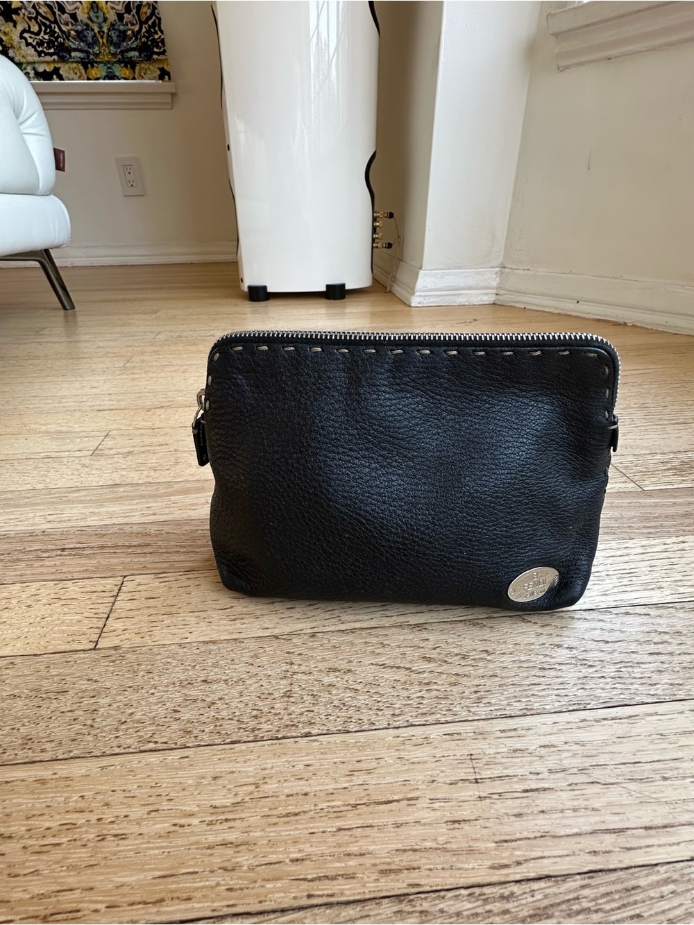 Vintage Fendi Selleria Black Leather Pochette / Cosmetic Bag